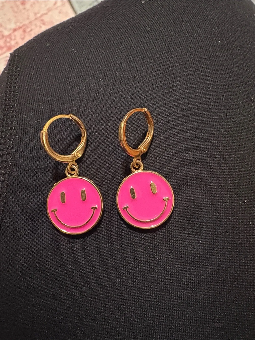 Kids Gold Hoop Earrings with Pink Smiley & Blue Lightning Charms Costume Jewelry